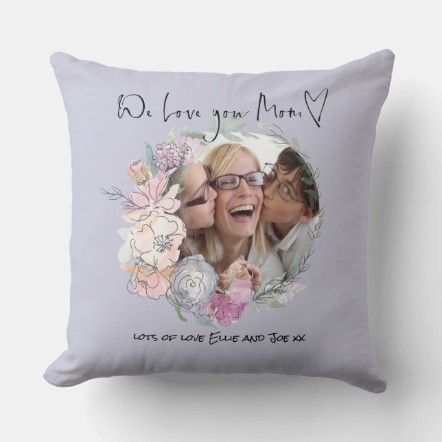 Love you Mum Script Heart Photo Florals Name Lilac Cushion (Front)