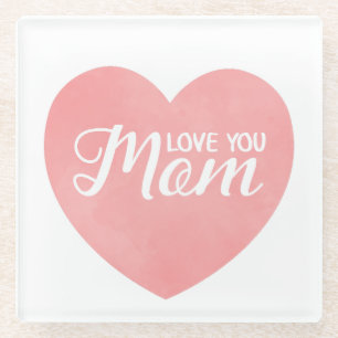 Love you mum text, mother's day pink heart glass coaster