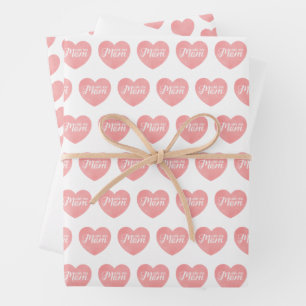 Love you mum text, mother's day pink heart wrapping paper sheet