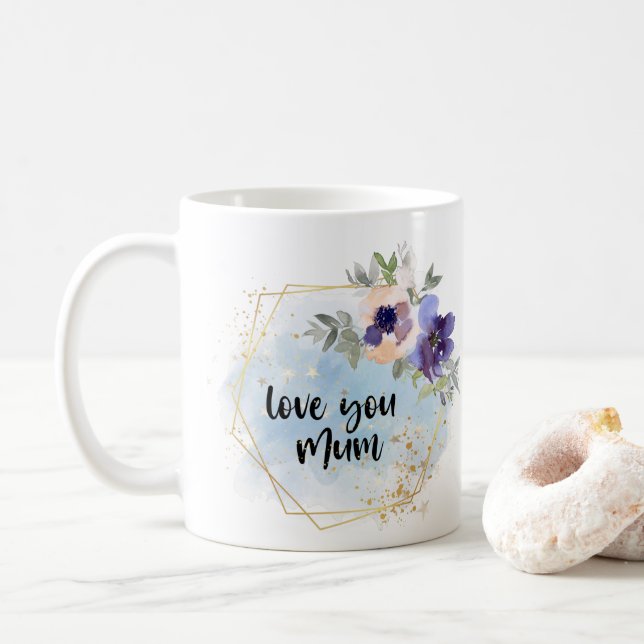 Love You Mum Watercolour Floral gift Coffee Mug (With Donut)