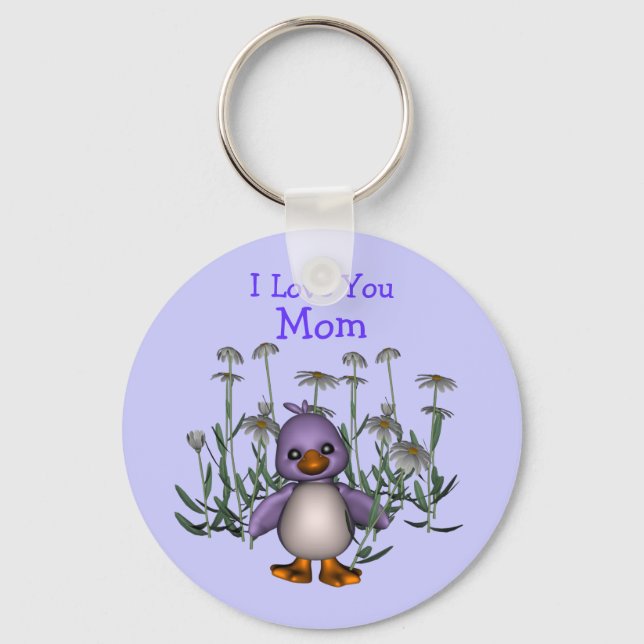 Love You Mum Whimsical Bird Flowers Keychain (Front)