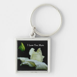 Love You Mum White Rosebud Flower Keychain