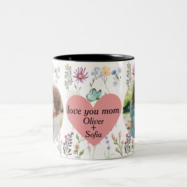 love you mum wildflower personalised 2 photo Two-Tone coffee mug (Center)
