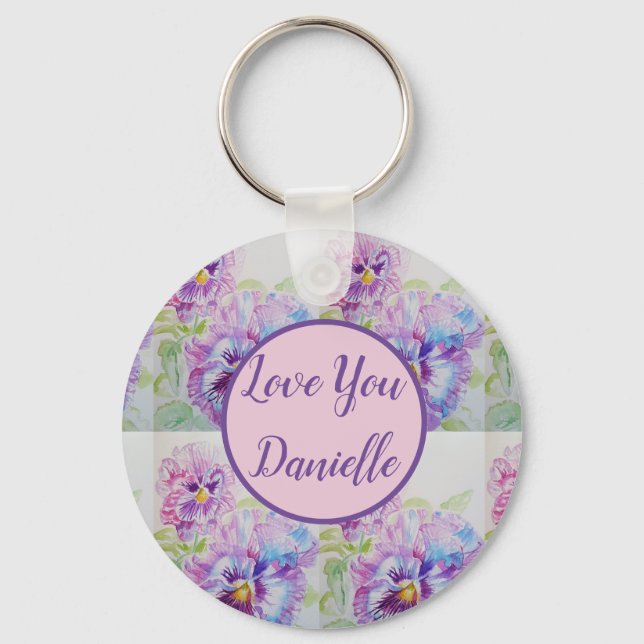 Love You Name Purple Pansy Watercolour Key Ring (Front)