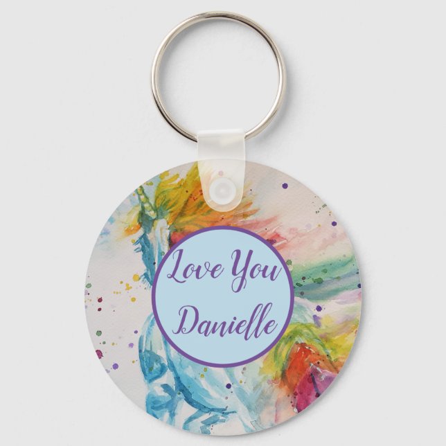 Love You Name Rainbow Unicorn Watercolour Key Ring (Front)