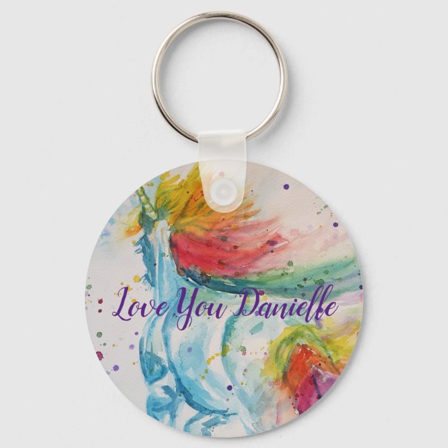 Love You Name Rainbow Unicorn Watercolour Key Ring (Front)
