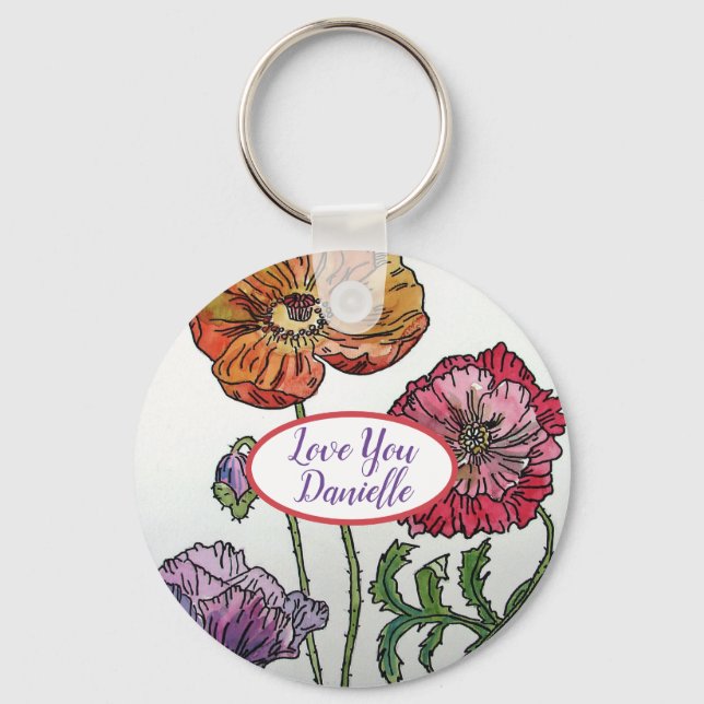 Love You Name Red Poppies Watercolour Key Ring (Front)