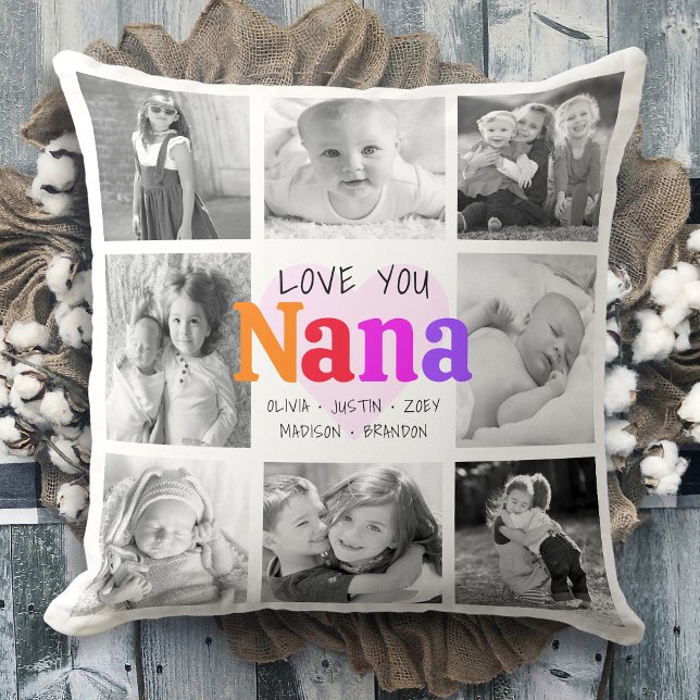 Love You Nana Colourful Bold Modern 8 Photo Collag Cushion (Creator Uploaded)