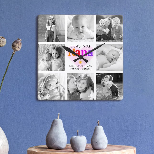 Love You Nana Colourful Bold Modern 8 Photo Collag Square Wall Clock (Creator Uploaded)