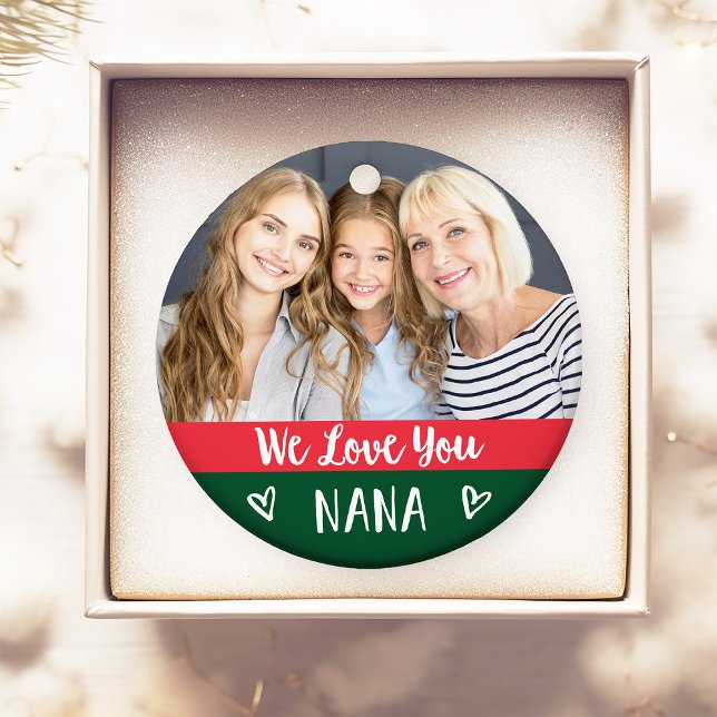Love You Nana | Red Green Colour Block Two Photo Ornament (A modern, red and green holiday ornament with two photos that would make the perfect gift for Nana)
