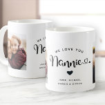 Love you Nannie Hearts Custom Two Photo Coffee Mug<br><div class="desc">Simple and sweet two photo coffee mug for Grandma: The hand lettered script reads WE LOVE YOU NANNIE with pretty hearts flourishes over your names. Personalise with your two favourite photos and make this a modern,  trendy keepsake gift for a beloved grandmother.</div>