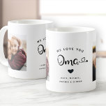 Love you OMA Hearts Custom Two Photo Coffee Mug<br><div class="desc">Simple and sweet two photo coffee mug for Grandma: The hand lettered script reads WE LOVE YOU OMA with pretty hearts flourishes over your names. Personalise with your two favourite photos and make this a modern,  trendy keepsake gift for a beloved grandmother.</div>