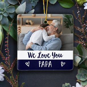 Love You Papa Navy Blue Colour Block Two Photo Ceramic Ornament