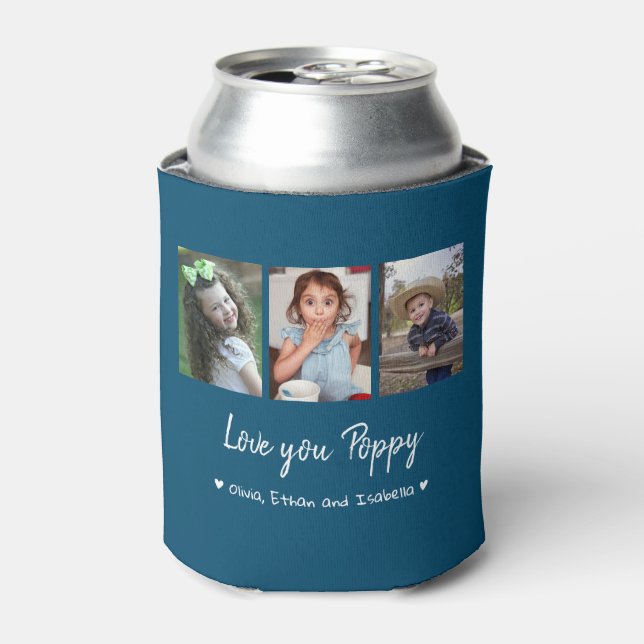 Love You Poppy 3 Photo Collage Ocean Blue   Can Cooler (Can Front)
