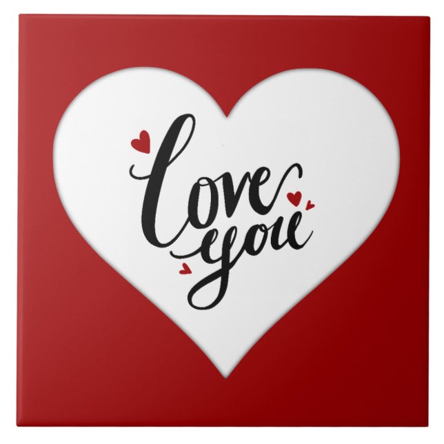 Love You Red Heart Romantic Quote Ceramic Tile (Front)