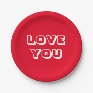 Love You, red white modern bold Paper Plate