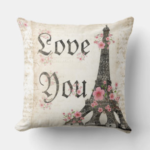 Love You Romantic Paris Pink cherry blossoms Cushion