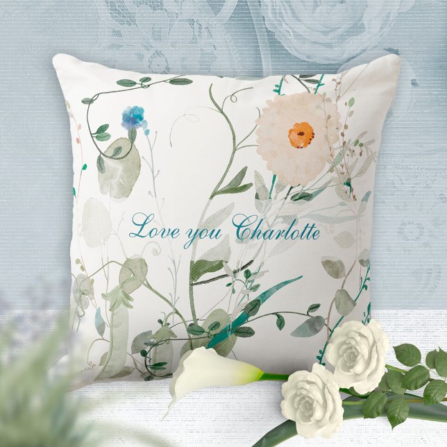 Love You Romantic Watercolor Wildflower Lace  Cushion (Love You Romantic Watercolor Floral Delicate Lace Throw Pillow ©Susanne Sachers - Sunny Mind Design)