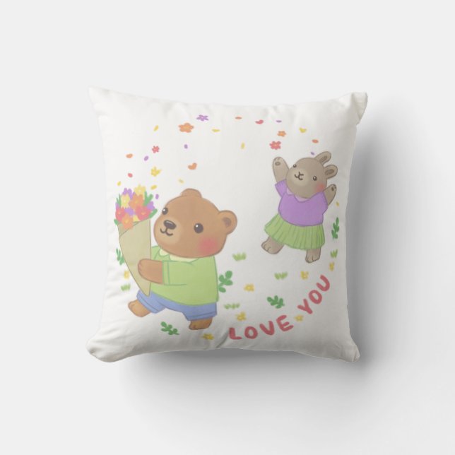 Love You: Teddy Bear & Bunny with Flowers Cushion (Front)