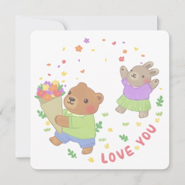 Love You: Teddy Bear & Bunny with Flowers Holiday Card (Front)