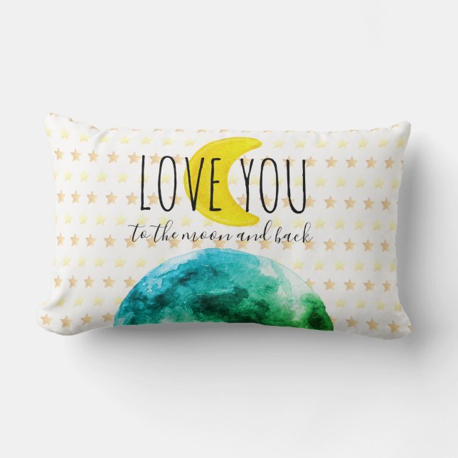 "Love You to the Moon and Back" Earth, Moon, Stars Lumbar Cushion (Front)