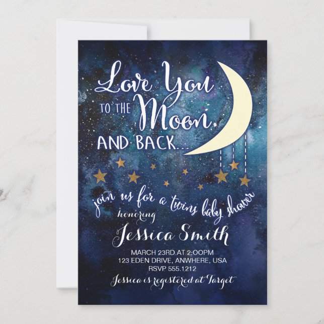 Love you to the Moon & Back Twin Shower Invitation (Front)