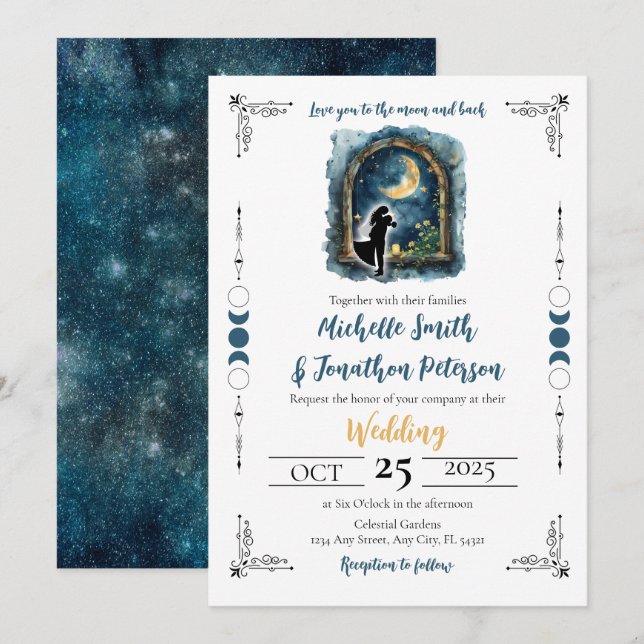 Love you to the Moon Celestial Wedding Invitation (Front/Back)