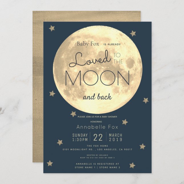 Love You to the Moon Navy Blue Gold Baby Shower Invitation (Front/Back)