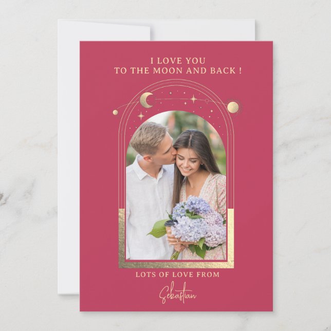 Love You To The Moon Photo Celestial Magenta Gold Holiday Card (Front)