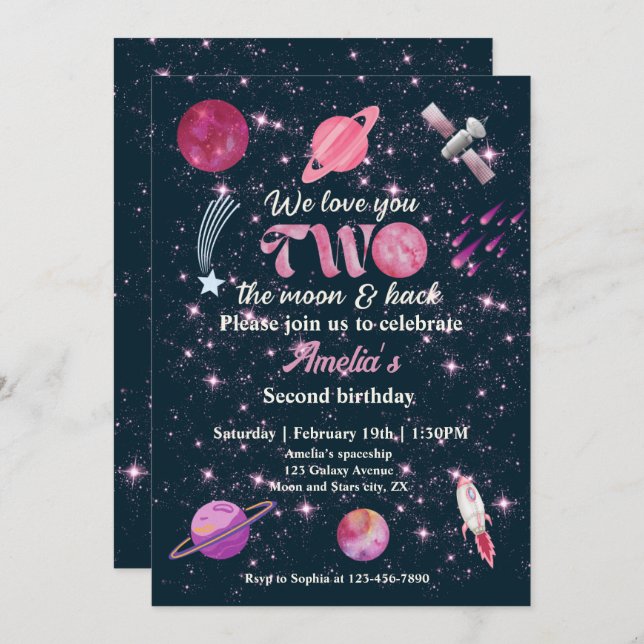 Love You Two The Moon Girls Pink 2nd Birthday Invitation (Front/Back)