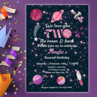 Love You Two The Moon Girls Pink 2nd Birthday Invitation