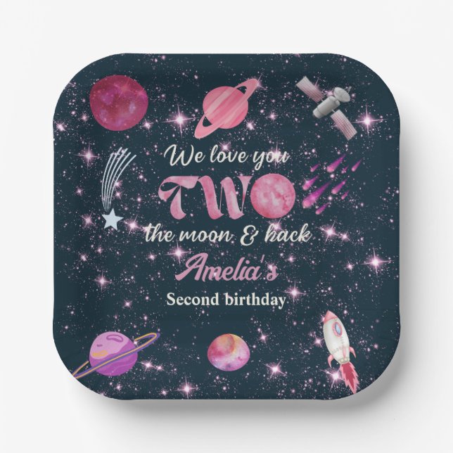 Love You Two The Moon Girls Pink 2nd Birthday Paper Plate (Front)