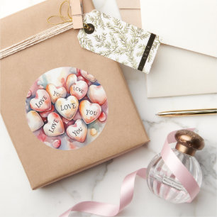 Love You watercolor painting hearts birthday gift Classic Round Sticker