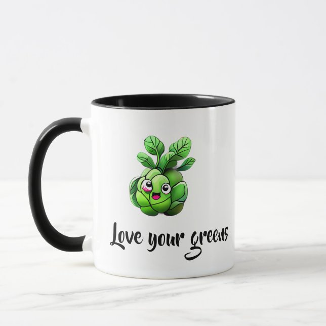 “Love Your Greens” Funny Brussels Sprout  Mug (Left)