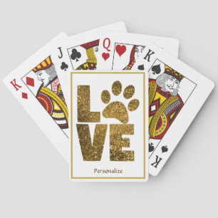 Love Your Pet Paws Gold Glitter Personalised Playing Cards
