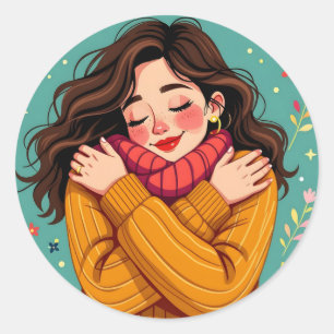 Love Yourself Girl Hugging Herself Classic Round Sticker