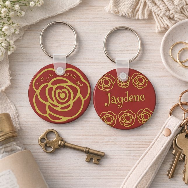 Love Yourself Red Rose Key Ring (Front says “LOVE YOUR SELF.” Back says your name. This red rose keychain is bold and giftable.)