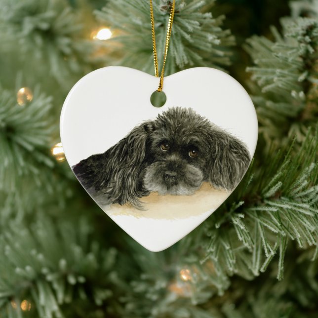 Loveable black poodle dog, optional personalise ceramic ornament (Tree)