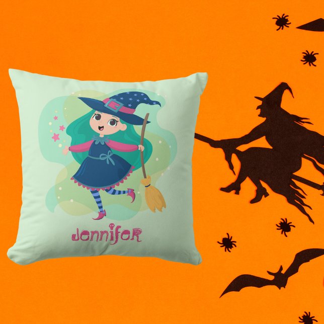 Loveable Halloween Witch with Broom and Stars Cushion (Creator Uploaded)