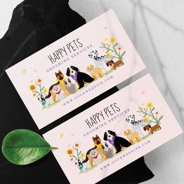 Loveable Happy Pet Family Pet Care, Grooming Pink Business Card (Creator Uploaded)