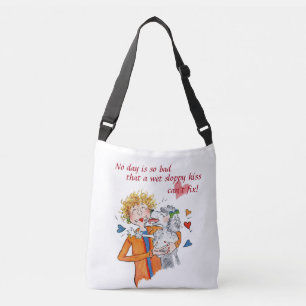 Loveable poodle licks our Woman in Red Crossbody Bag
