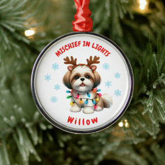 Loveable Watercolor Shih Tzu Festive Snowflakes Do Metal Ornament