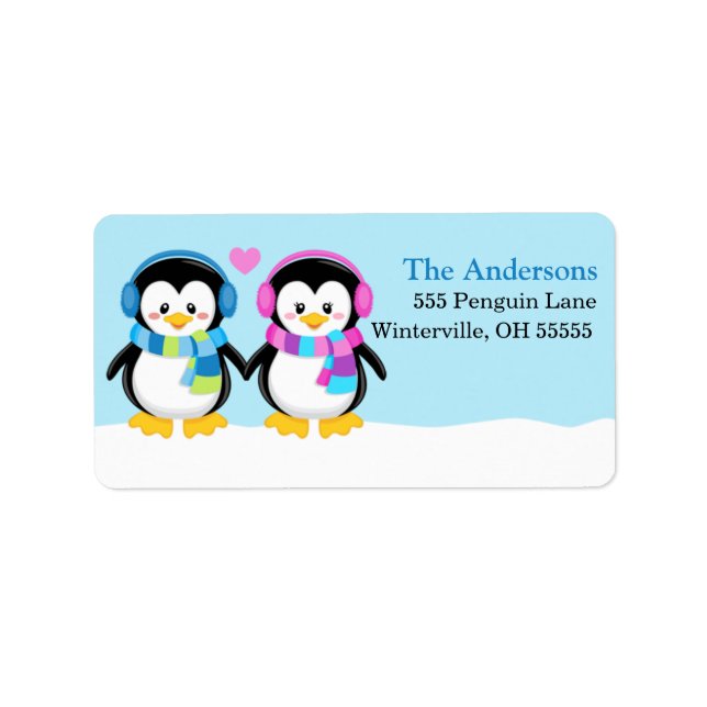Loveable Winter Earmuff Penguins Address Labels (Front)
