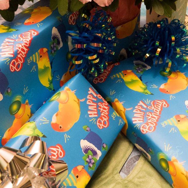 Lovebird Parrot Birds Bright Blue Happy Birthday Wrapping Paper (Creator Uploaded)
