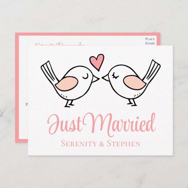 Lovebird Pink Love Birds Just Married Wedding  Announcement Postcard (Front/Back)