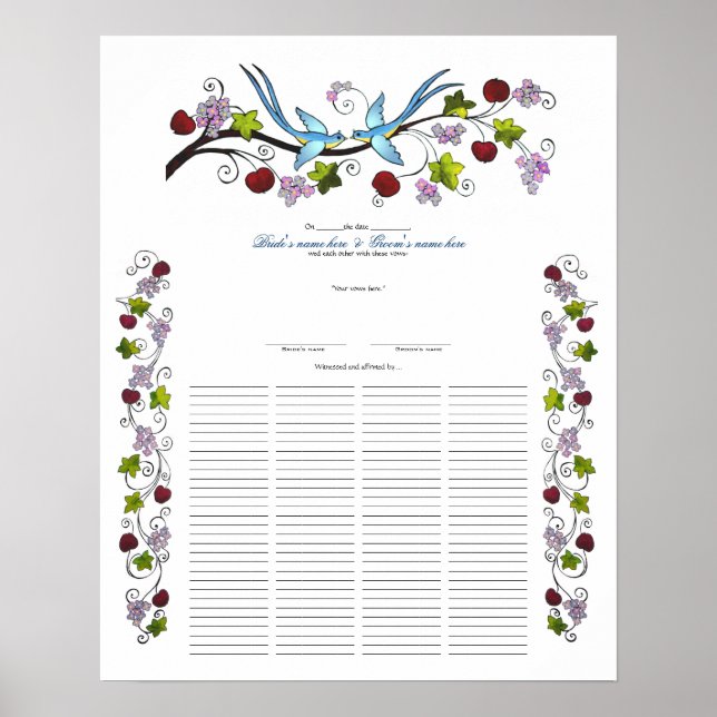 Lovebirds, 120 Guests Quaker Wedding Certiicate Poster (Front)