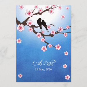 Lovebirds and Sakura - Blue Background Invitation