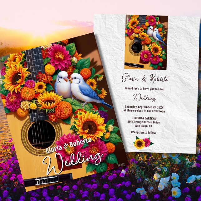 Lovebirds and Sunflowers Mexican Guitar Wedding Invitation (Creator Uploaded)