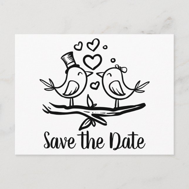 Lovebirds Black White Wedding Save The Date Postcard (Front)