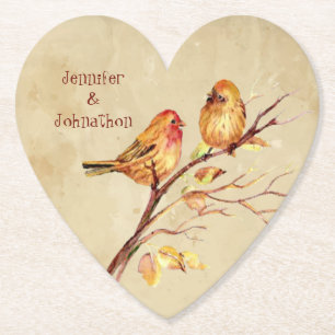 Lovebirds Couple Custom Names Watercolor Paper Coaster